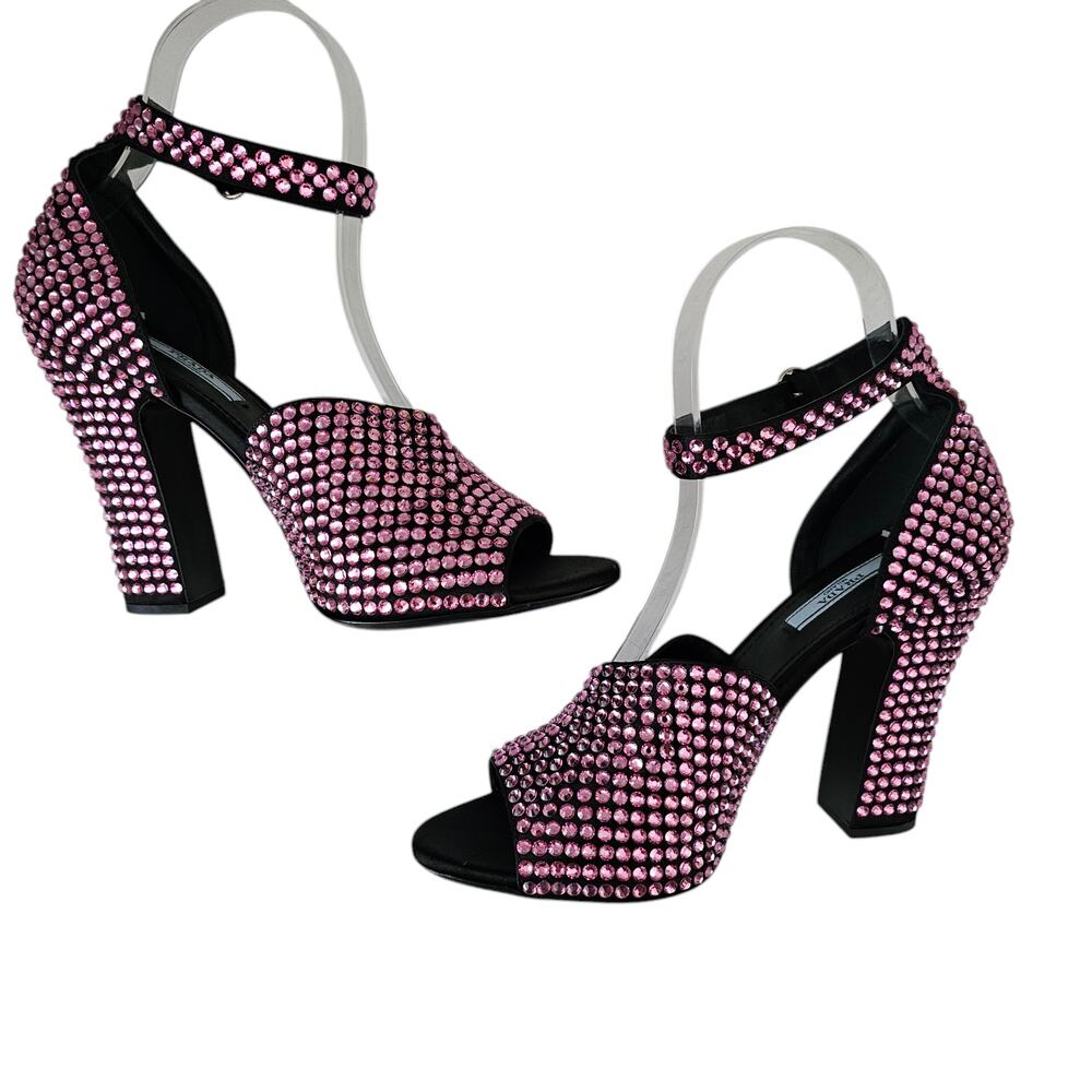 Prada Crystal Embellished Pink Ankle Strap Heel Sandal Size 39.5 US 9.5 Open Toe - Picture 4 of 9